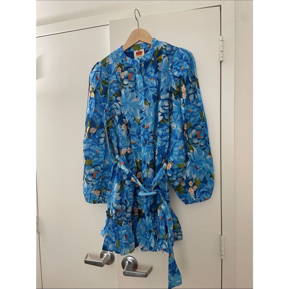 NWT Farm Rio x Anthropologie Blue Floral Belted Mini Dress size S - Picture 5 of 11